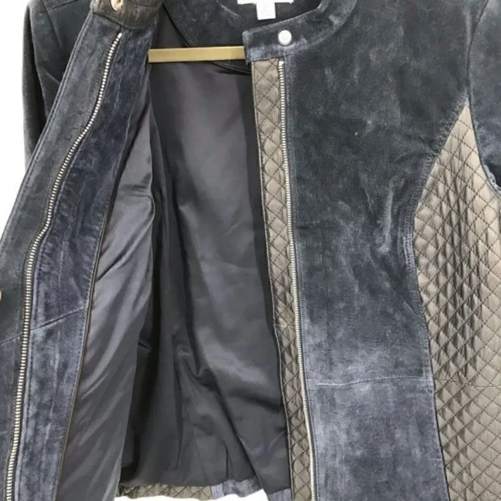 Isaac Mizrahi Live navy long sleeves leather jacket zipper closure women size 10